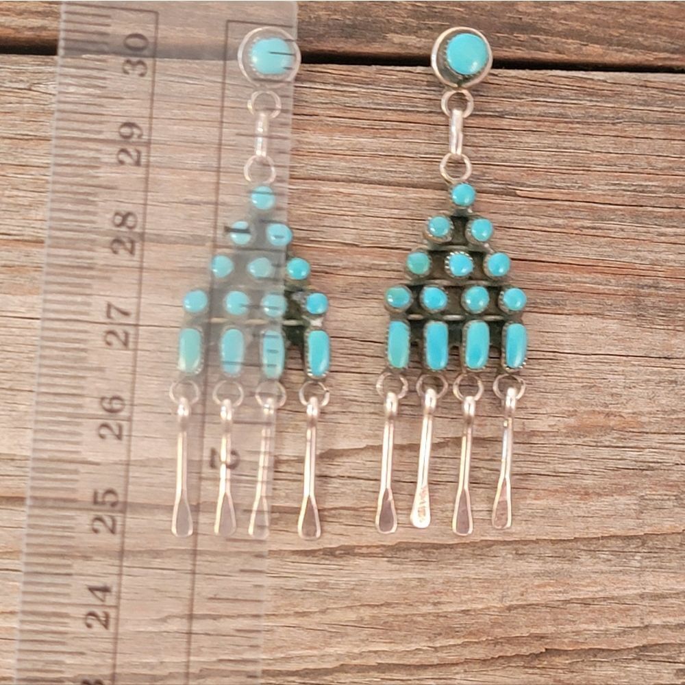 Sterling Zuni Native American Turquoise Dangle Post Earrings - Picture 4 of 5